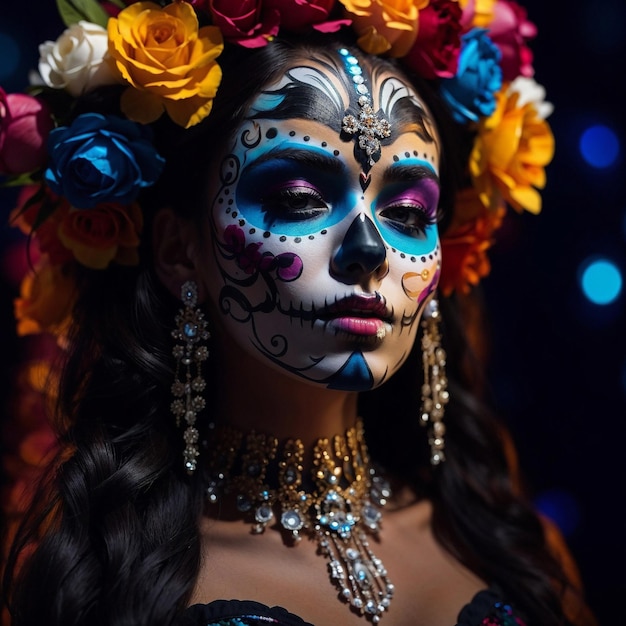 Mujer con maquillaje de cráneo de azúcar concepto Dia De Los Muertos