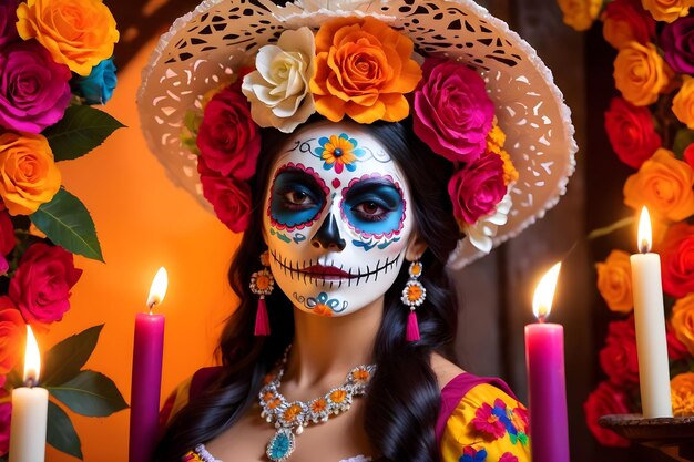 Una mujer con maquillaje de cráneo de azúcar en el desfile del Día de los Muertos