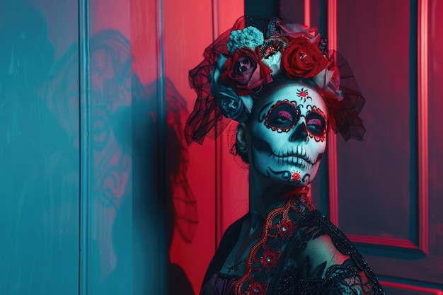 Mujer con maquillaje de Dia de los Muertos en iluminación roja y azul