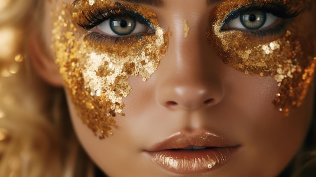 Foto una mujer con maquillaje dorado y brillo dorado en los ojos.