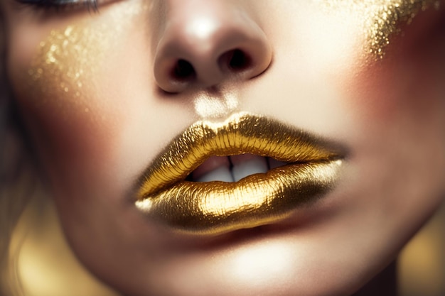 Una mujer con maquillaje dorado y labios dorados.