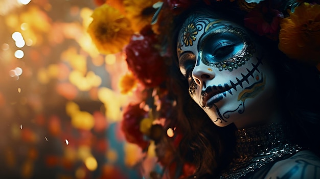 Mujer con maquillaje de esqueleto y cabello adornado con flores Día de Muertos