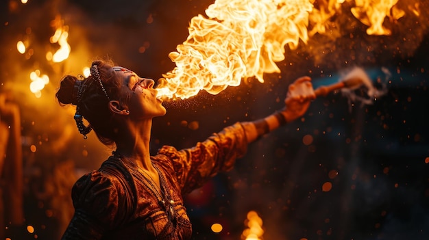 Mujer con maquillaje y fuego en la boca Carnaval
