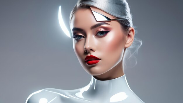 Mujer con maquillaje futurista y lápiz labial rojo