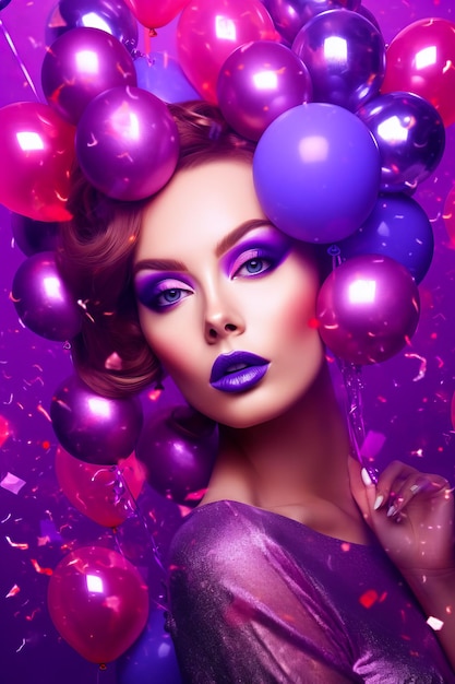 Mujer con maquillaje morado y morado y globos morados en la cabeza con fondo morado IA generativa