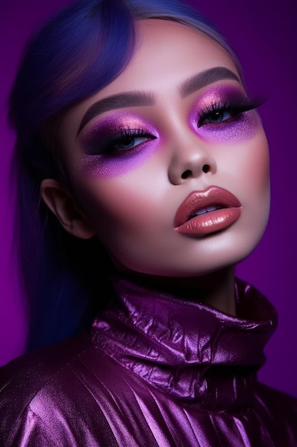 Una mujer con maquillaje morado y sombra de ojos morada en la cara.