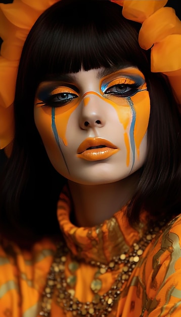 Una mujer con maquillaje naranja y ojos naranjas mira a la cámara.