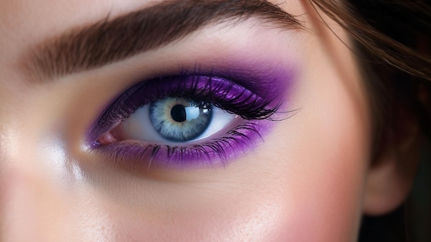 Una mujer con un maquillaje de ojos azul y un delineador de ojos morado.