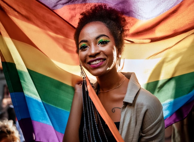 una mujer con un maquillaje de ojos de color arco iris en su cara