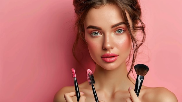 una mujer con maquillaje y un pincel en la mano