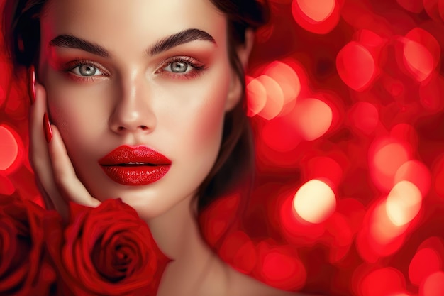 Una mujer con maquillaje rojo sosteniendo una rosa