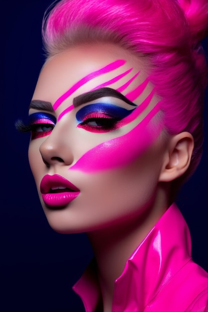 Una mujer con maquillaje rosa y maquillaje rosa y azul.