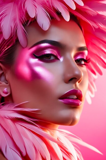 Foto una mujer con maquillaje rosa y un tocado de pluma rosa