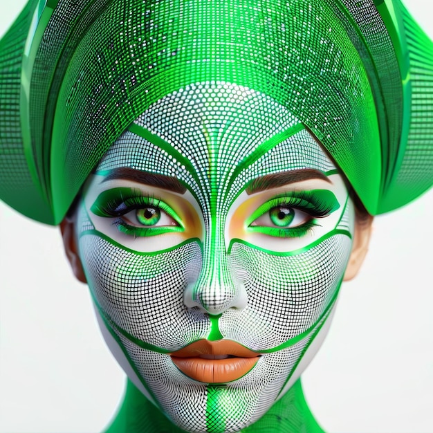 Mujer con maquillaje verde y sombrero verde