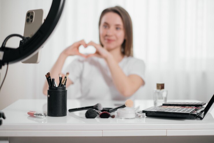 Foto mujer maquillándose en casa aplicar cosmética decorativa.