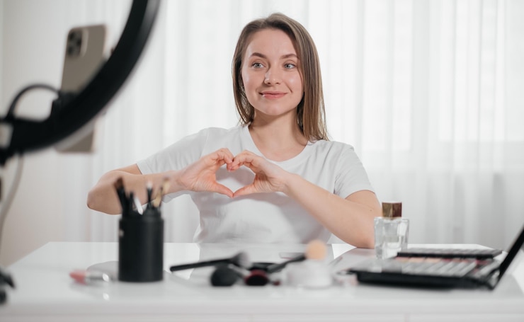 Foto mujer maquillándose en casa aplicar cosmética decorativa.
