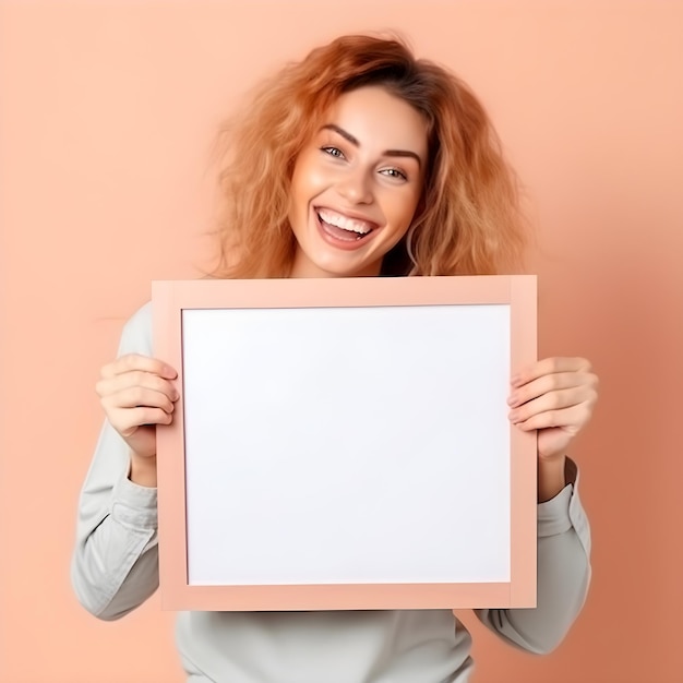 Una mujer con un marco de imagen en blanco en sus manos sostiene un papel blanco en blanco.