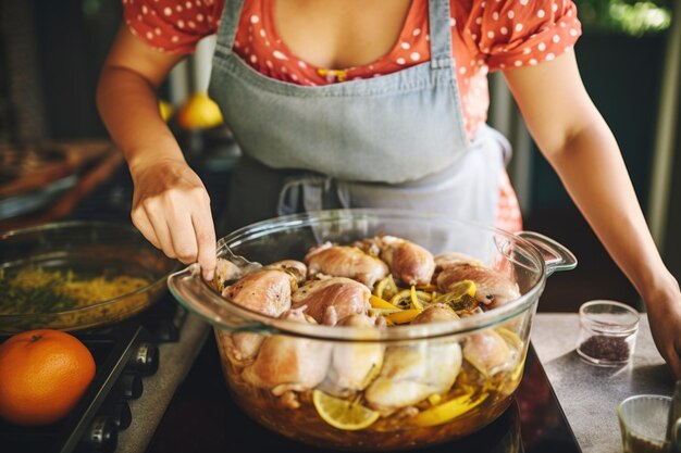 Mujer marinando pollo para barbacoa