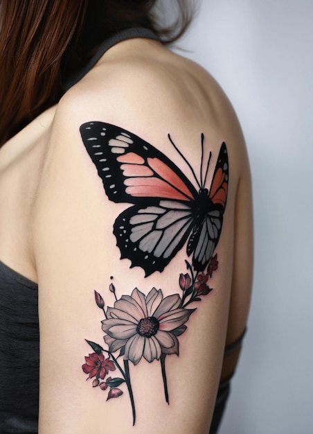 una mujer con una mariposa en el brazo