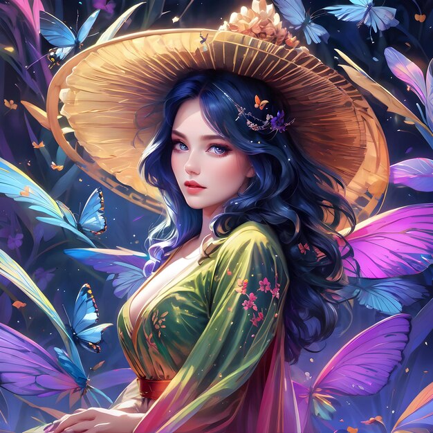 La mujer mariposa en esta pintura digital es realmente algo más. Tiene esta vibra misteriosa.