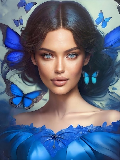 Una mujer con mariposas azules en la cara.