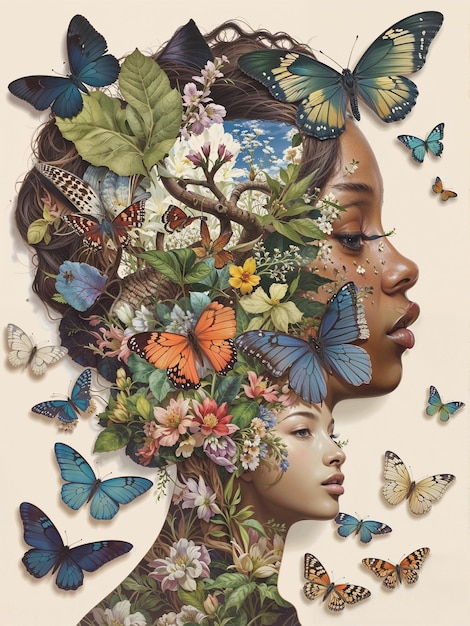 Foto una mujer con mariposas en la cabeza collage de arte hermosa obra de arte colage de arte