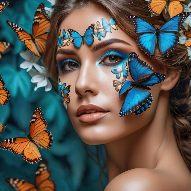 Foto una mujer con mariposas pintadas en su cara y las palabras mariposas en su cara