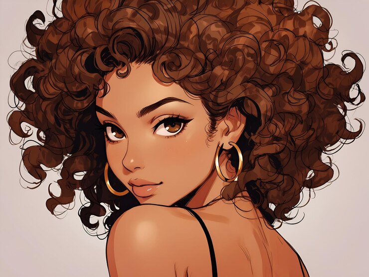 mujer marrón delgada con cabello rizado y grandes ojos marrones expresivos