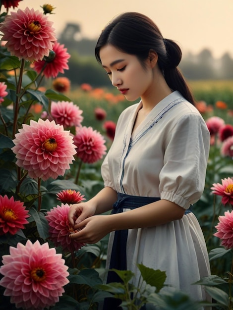 la mujer más hermosa de Asia está recogiendo dahlias en un jardín de flores