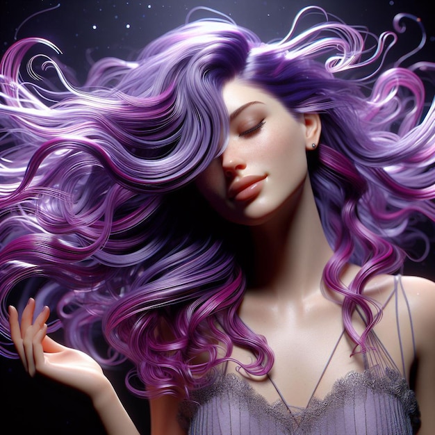 Foto la mujer más hermosa con cabello púrpura en ropa púrpura ternura fondo de papel tapiz de arte