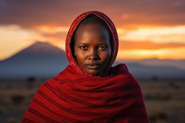 Mujer masai con un chal rojo al atardecer en la sabana africana