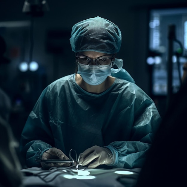 Una mujer con una máscara y anteojos está trabajando en una cirugía.