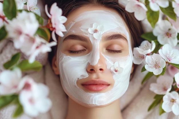 Una mujer con una máscara blanca adornada con flores que exuda un aura de encanto y belleza