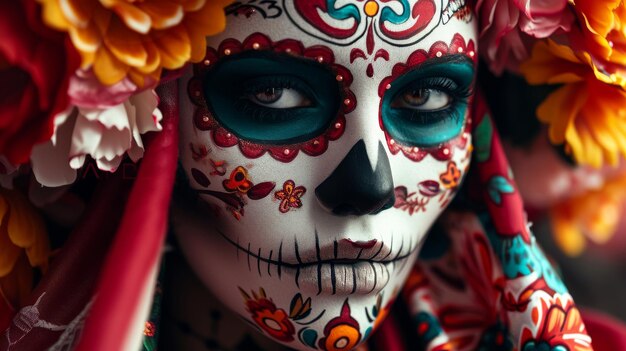 Mujer con máscara blanca y azul en una celebración del Carnaval del Día de los Muertos