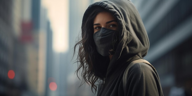 mujer con una máscara en una calle de la ciudad con aire contaminado IA generativa