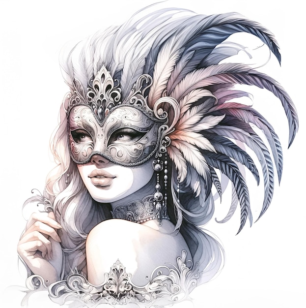 Mujer con máscara de carnaval acuarela Ilustración Fiesta vibrante Festival de carnaval