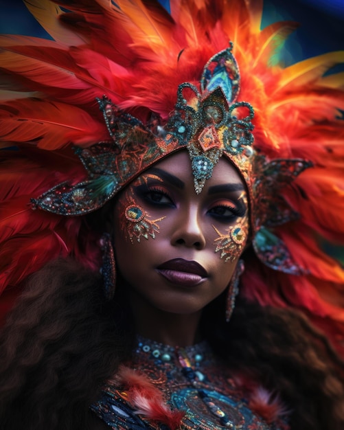 Mujer con máscara de carnaval y plumas de colores