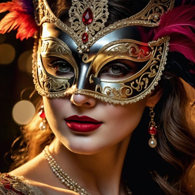 una mujer con una máscara de carnaval con un sombrero de plumas rojas