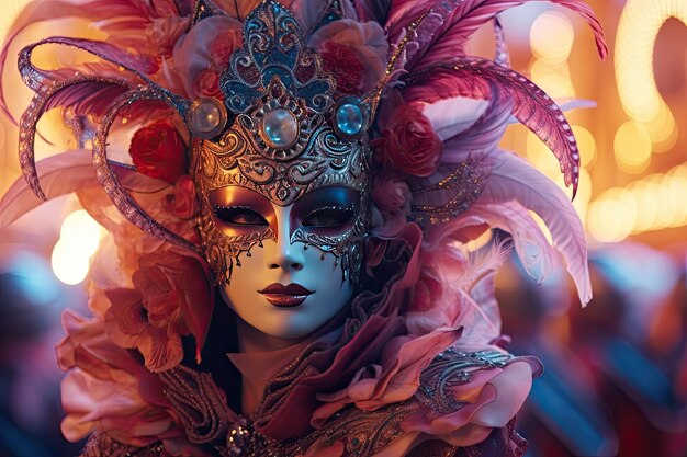 Foto una mujer con una máscara colorida en un carnaval o mascarada ia generativa