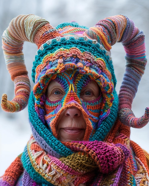 una mujer con una máscara colorida con cuernos y cuernos