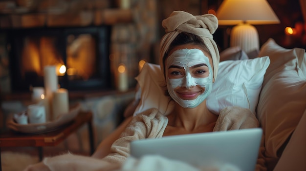 Una mujer con una máscara cosmética en la cara está sonriendo sentada en un sofá y mirando una computadora portátil