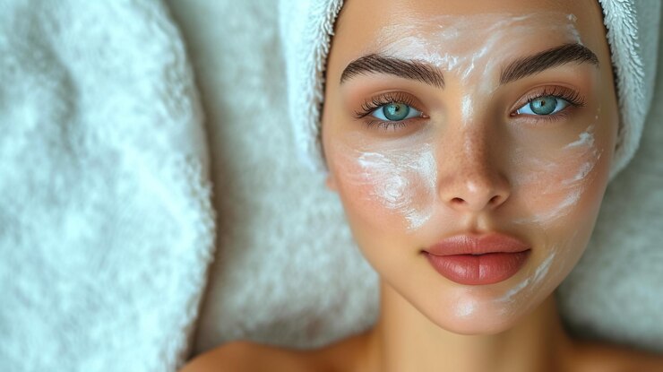 una mujer con una máscara cosmética en su cara está cubierta de espuma blanca