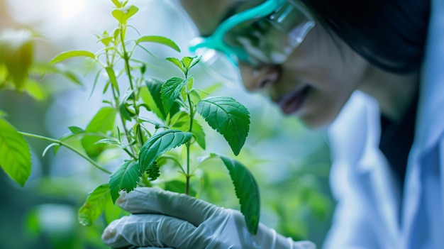 una mujer con una máscara está sosteniendo una planta con una planta verde en sus manos