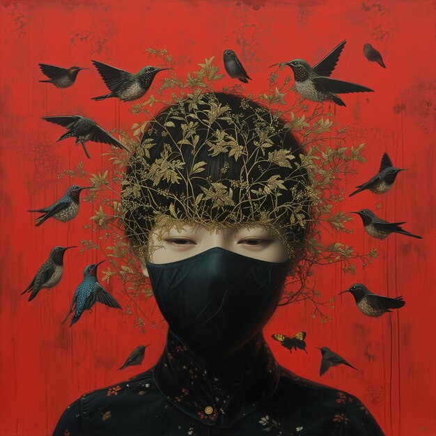 una mujer con una máscara facial cubriendo su cara con pájaros volando a su alrededor