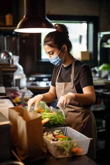 Foto una mujer con una máscara facial está preparando comida