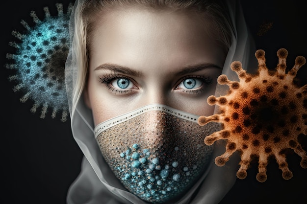 Una mujer con una máscara facial con un virus.