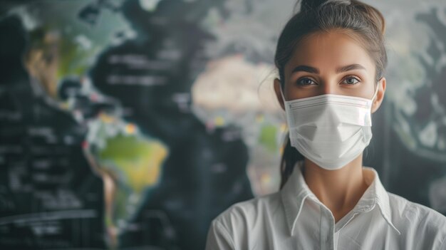 Foto mujer con máscara con mapa global de fondo concepto de pandemia