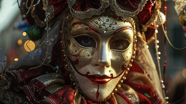una mujer en una máscara con una máscara roja y dorada en ella