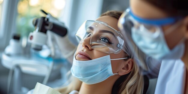 Foto una mujer con una máscara está mirando a través de un microscopio