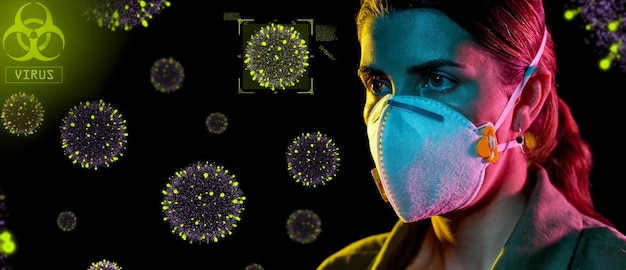 mujer con máscara o respirador que protege contra el virus